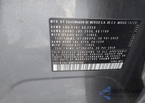 2021 Volkswagen Tiguan 2.0T S from USA, damaged, VIN 3VV1B7AX1MM044788